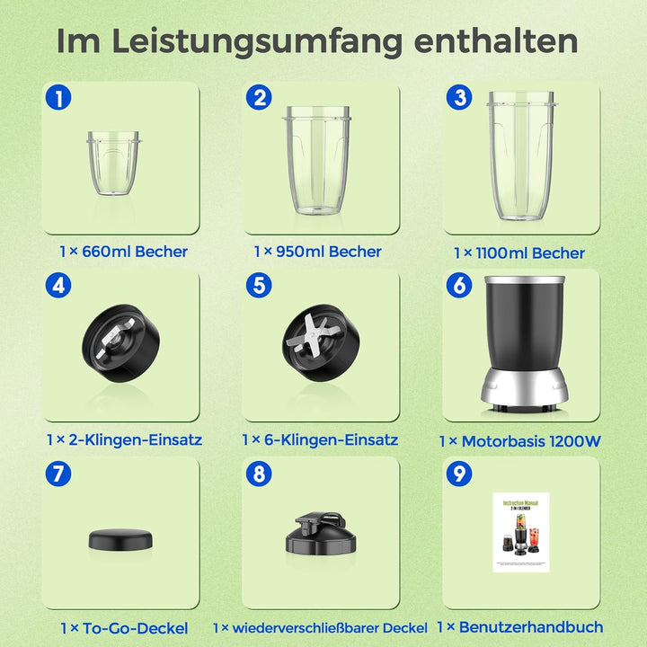 Teendow Mixer, 1200W Mini Smoothie Maker, Standmixer mit 3 Tragbare Mixbechern, 6 Klingen Edelstahlm