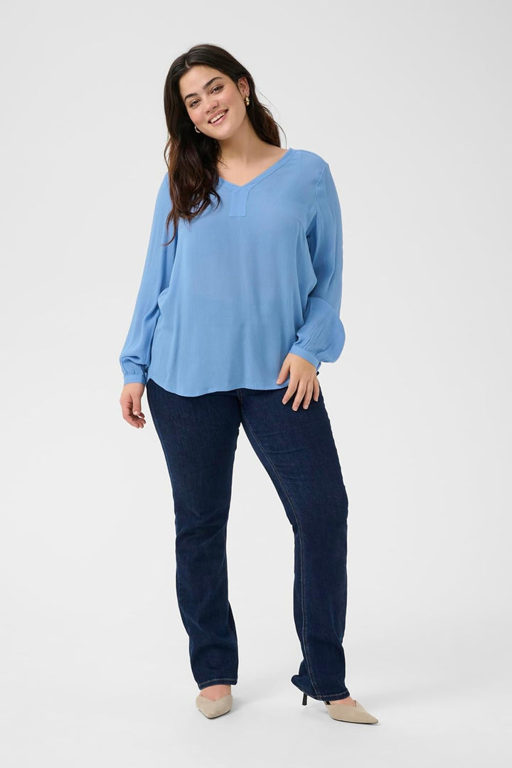 KAFFE CURVE Langarm-Bluse KCami Damen Bluse Langarm V-Ausschnitt Lassig Langarmshirt Grosse Grössen