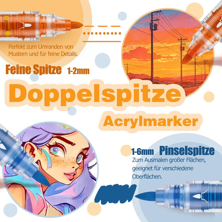 Acrylstifte, 80 Farben, Wasserfest & Schnelltrocknend, 1–6 mm Dual Tip (Feinspitze & Pinselspitze),