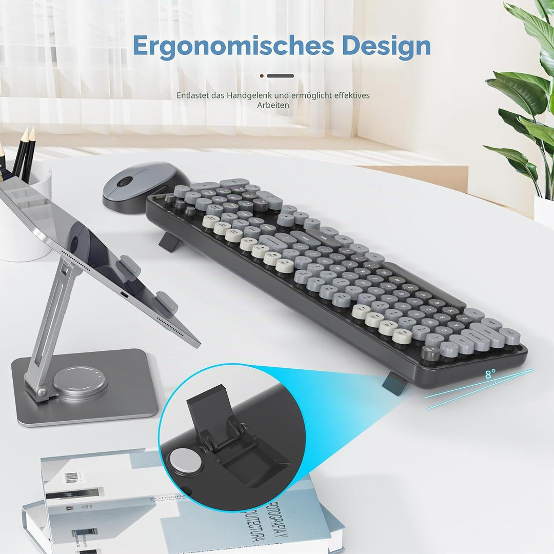 SOLIDEE kabellose Tastatur- und Maus-Kombination, Retro-Schreibmaschinentastatur, 2.4GHz runde Taste