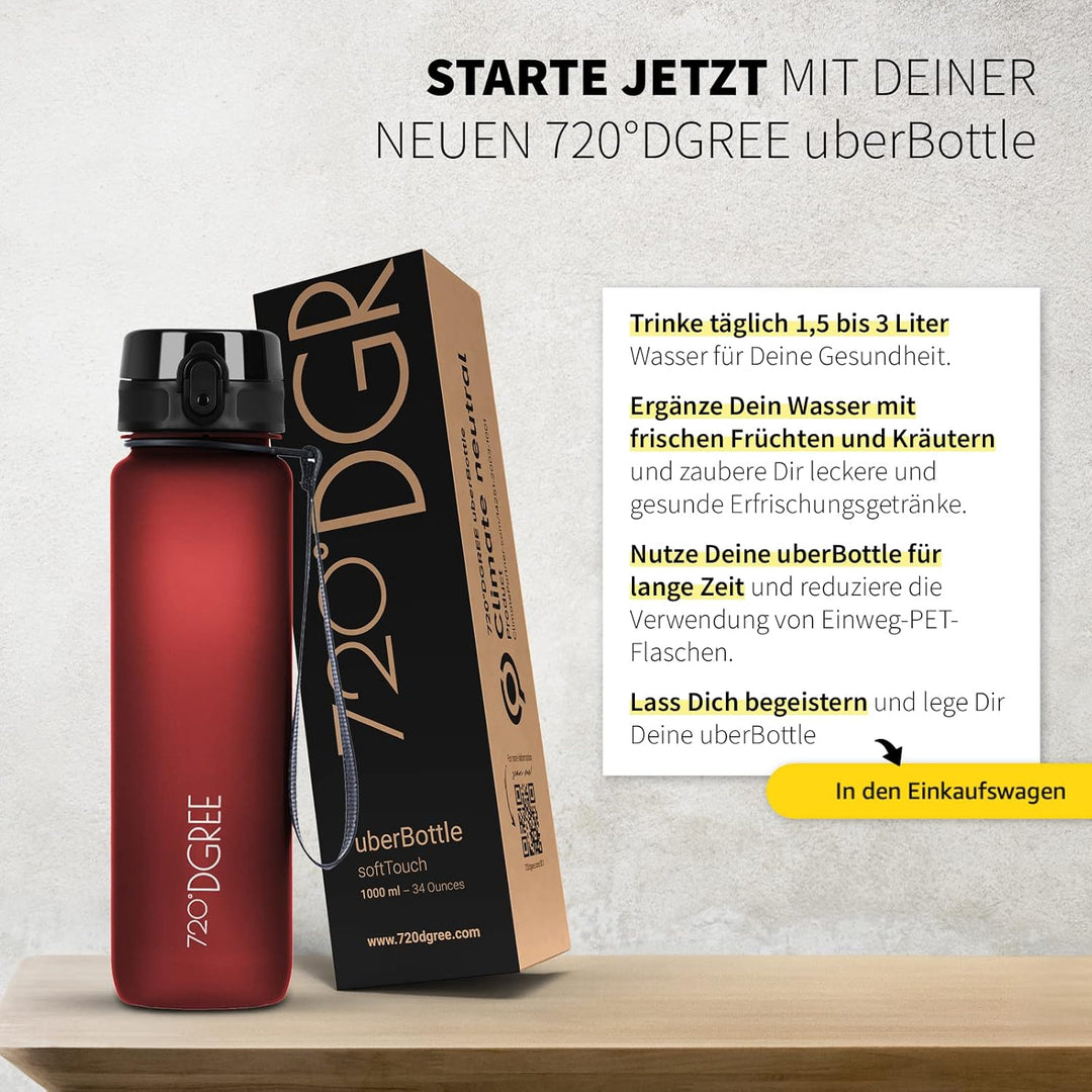 720°DGREE Trinkflasche 1l Sport “uberBottle“ softTouch +Sieb - BPA-Frei - Wasserflasche für Uni, Arb