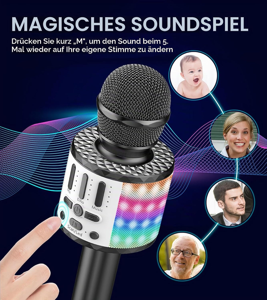 Karaoke Mikrofon, Drahtloses Bluetooth Mikrofon Kinder mit LED, Tragbares Karaoke Maschine zum Singe