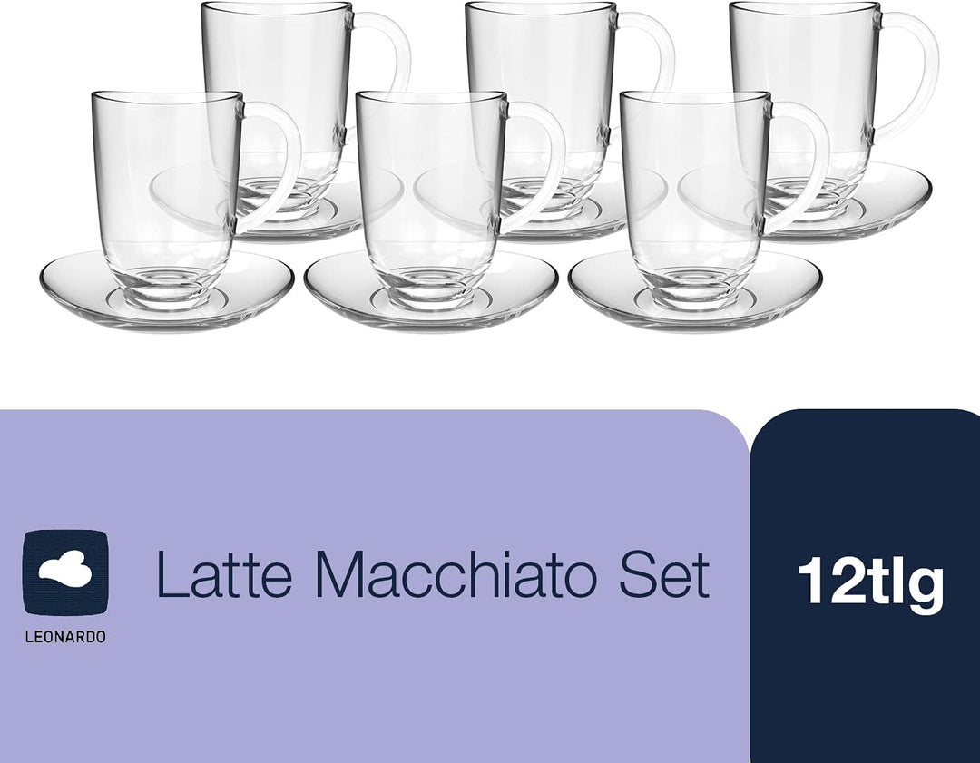 Leonardo Napoli Latte Macchiato-Tassen und Unterteller 12er Set, spülmaschinengeeignete Kaffee-Gläse