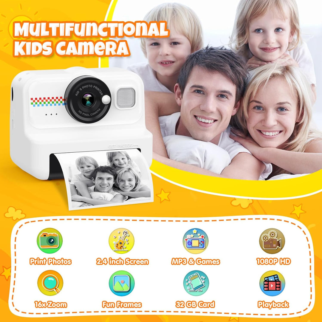 HiMont Kinderkamera Sofortbildkamera, 1080P Sofortbildkamera Kinder mit 32GB Karte & 3 Rollen Druckp