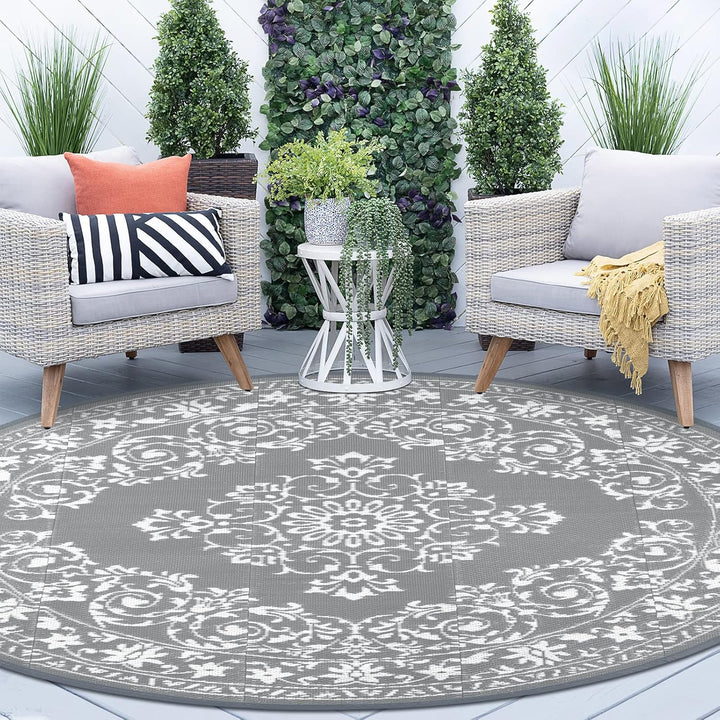 Enyhom Outdoor Teppich Rund 180 cm, Wetterfest Wendbarer Bodenmatte Kunststoff Terrassenteppich Auss