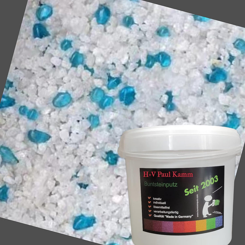 20kg Buntsteinputz Mosaikputz 1-3mm SOP22 Weiss + Glas Türkis Wandputz - Hergestellt in Bayern