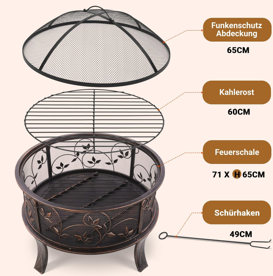 Feuerschale, Feuerschale Garten, Feuerkorb mit Funkenschutz, Feuerstelle Retro-Look, inkl. Poker & K