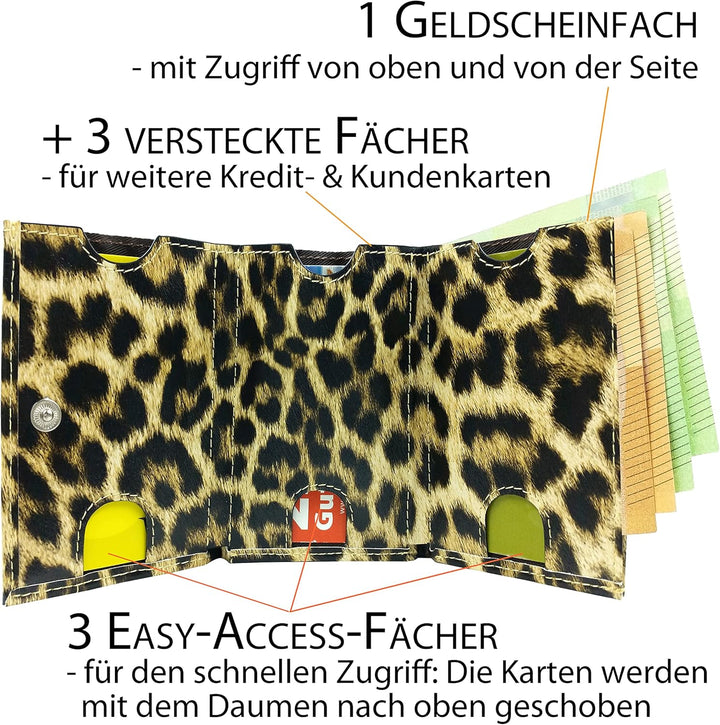 Kleine Geldbörse Damen Mini, Reise Portemonnaie viele Fächer, Leopard Look, RFID Blocker, Münzfach |