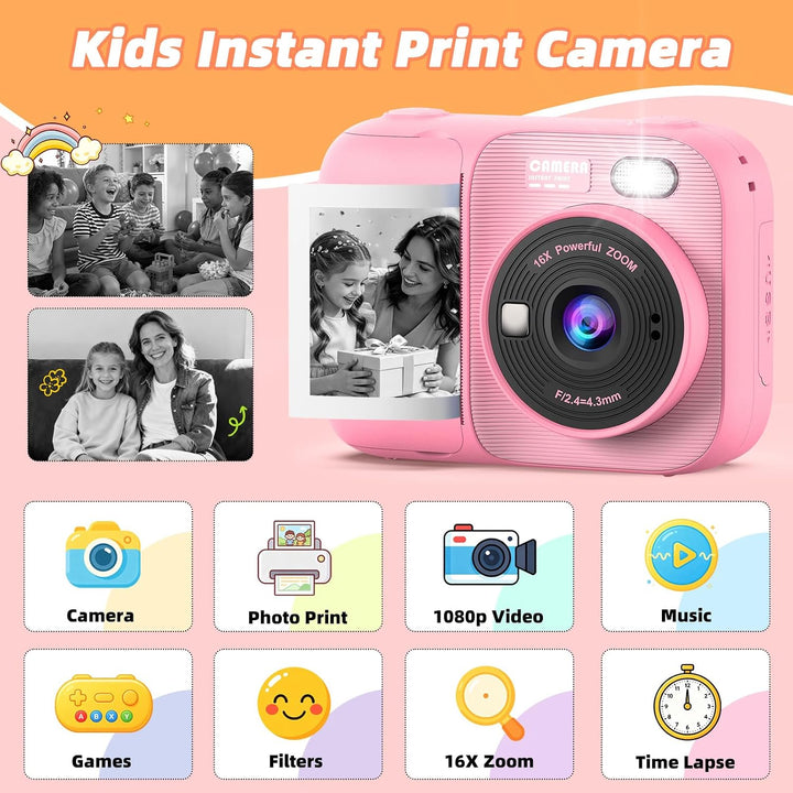 Kinder Sofortbildkamera, Digitalkamera mit Druck | 2,4 Zoll Display, 1080P HD Video, TF Karte &amp; 5 Ro