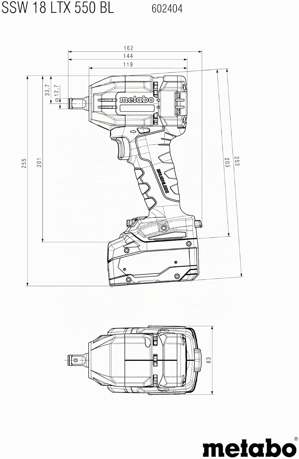 metabo Akku-Schlagschrauber SSW 18 LTX 550 BL - 18 V, 550 Nm, 1/2" Aussenvierkant, 2.800 U/min, 12 S