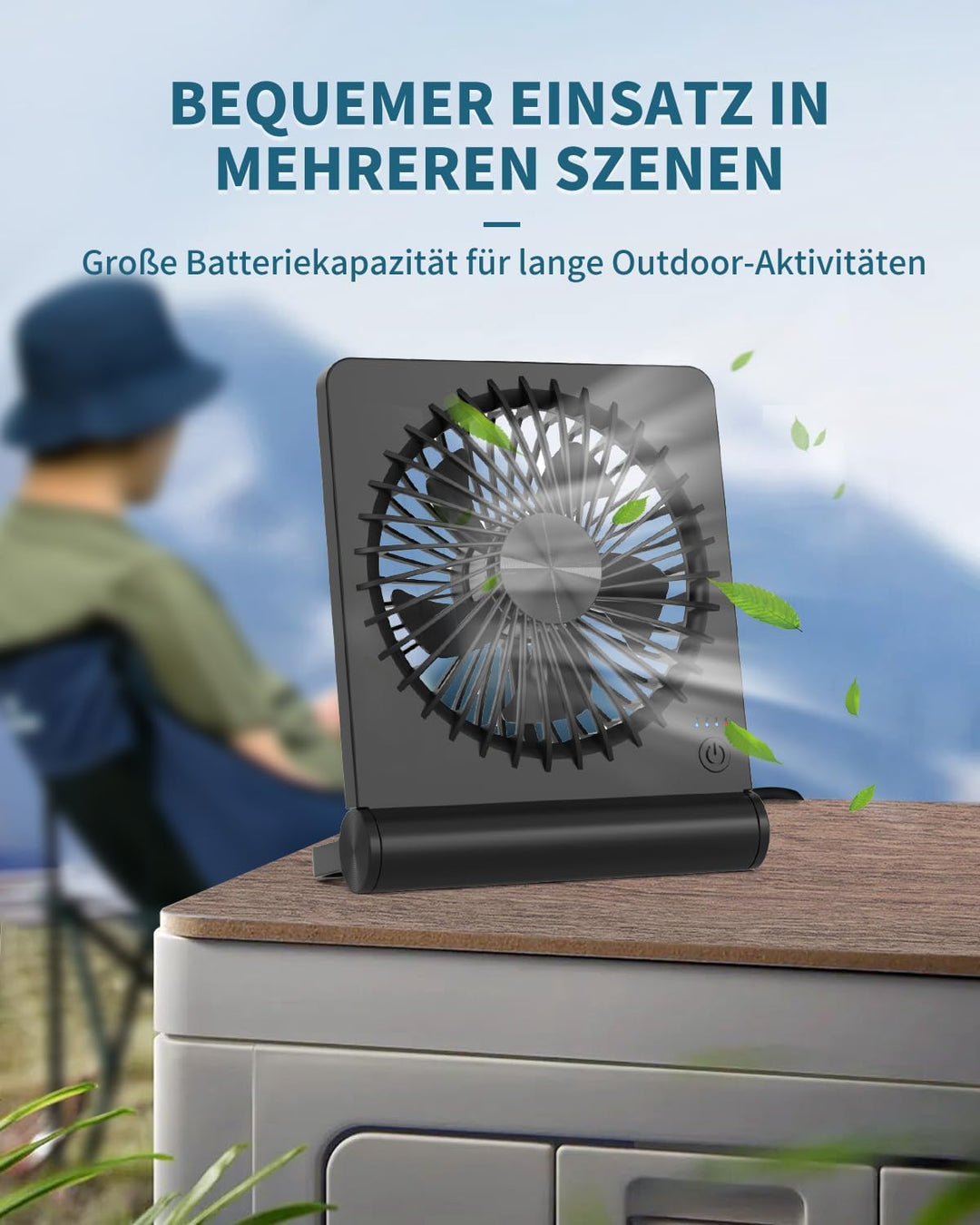 Kleiner Tischventilator, 2000mAh Tragbarer Wiederaufladbarer Ventilator, 3-Stufen-Variable, 220° Ein