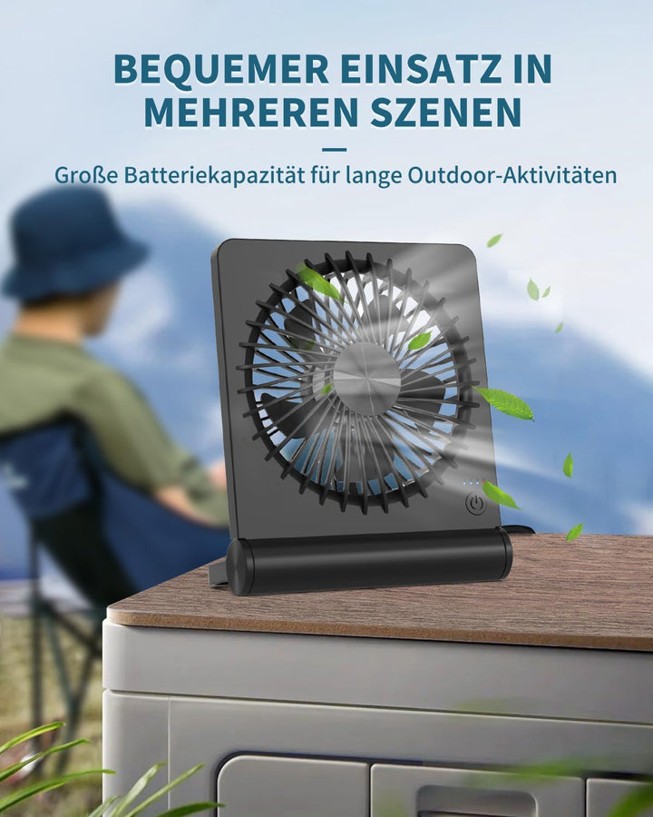 Kleiner Tischventilator, 2000mAh Tragbarer Wiederaufladbarer Ventilator, 3-Stufen-Variable, 220° Ein
