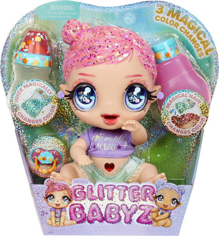 Glitter Babyz MGA Marina Finley - Babypuppe mit 3 magischen Farbwechseln durch eiskaltes Wasser, Pin