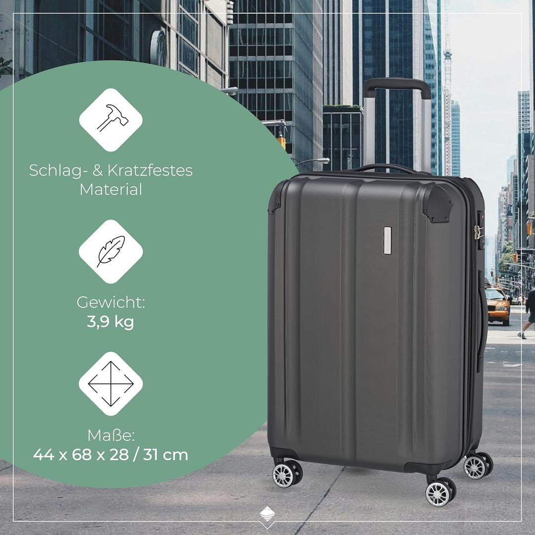 travelite 4-Rad Koffer M mit TSA Schloss + Dehnfalte, Gepäck Serie CITY: Robuster Hartschalen Trolle