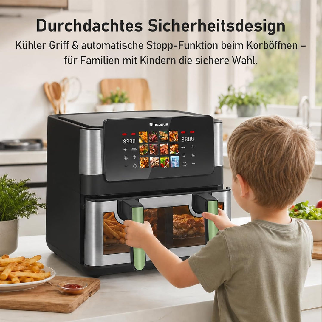Air Fryer 9L 2000 W, Heissluftfritteuse 2 Kammern mit kühlem Griff | Digitaler Touchscreen, Sichtfen