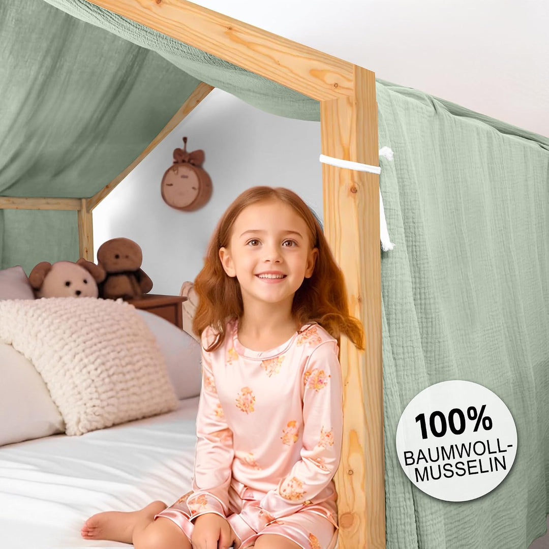 Hausbett Himmel Deko Set, Betthimmel Hausbett aus Musselin - 1 Betthimmel & 1 Wimpelkette, für Junge