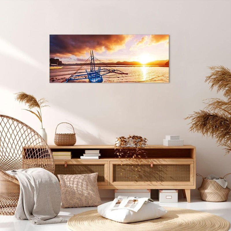 Wandbilder Dekoration Wohnzimmer Ufer Boot Strand Panorama Bilder auf Leinwand 120x50cm Leinwandbild