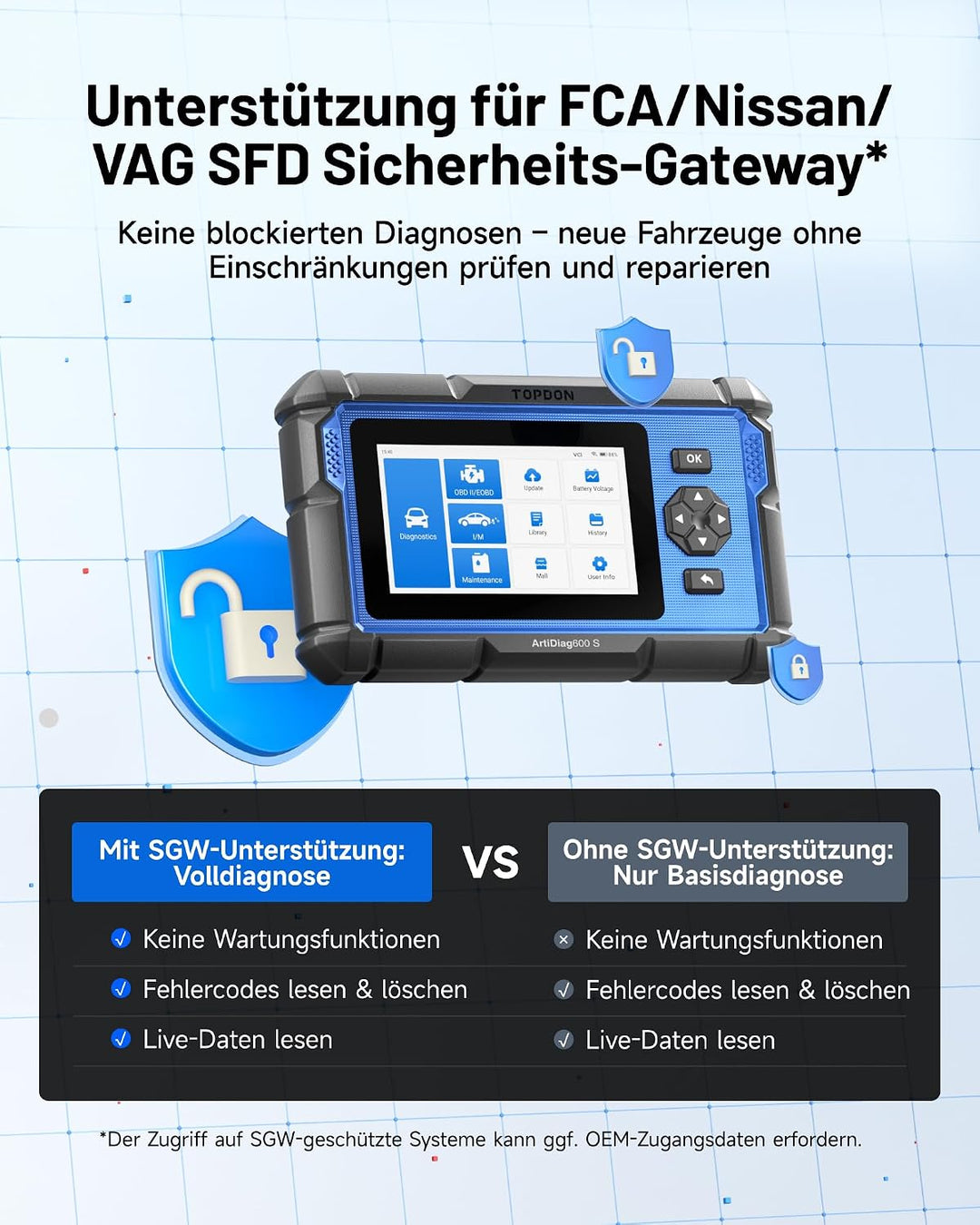 TOPDON AD600S OBD2 Diagnosegerät,8 Reset-Services für Öl,BMS,ABS,SAS,elektrische Parkbremse,Russpart