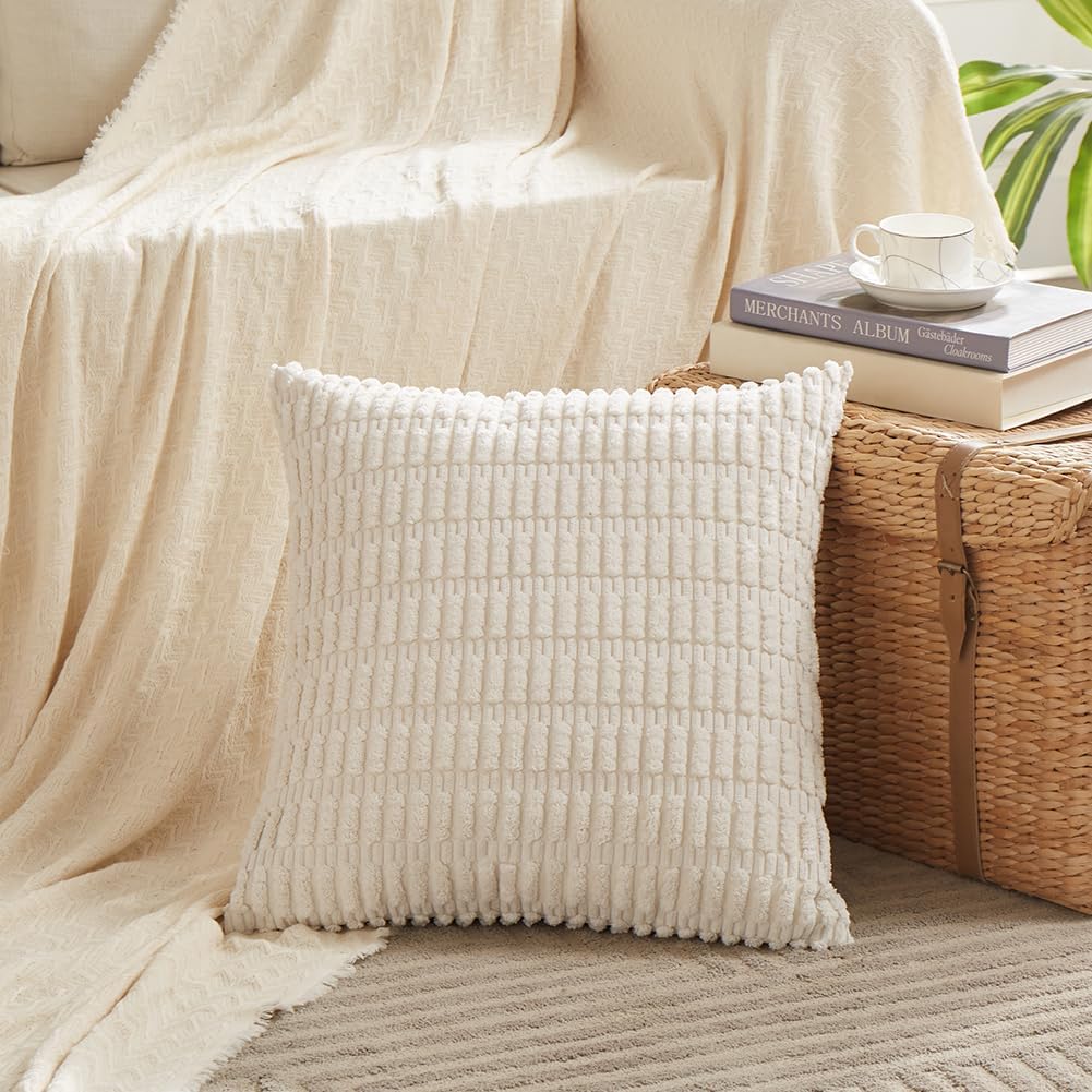 FDTERN 4er Set Boho Kissenbezug 40x40 Creme Flauschig Kissenbezüge Weich Kordsamt Beige Kissenhülle