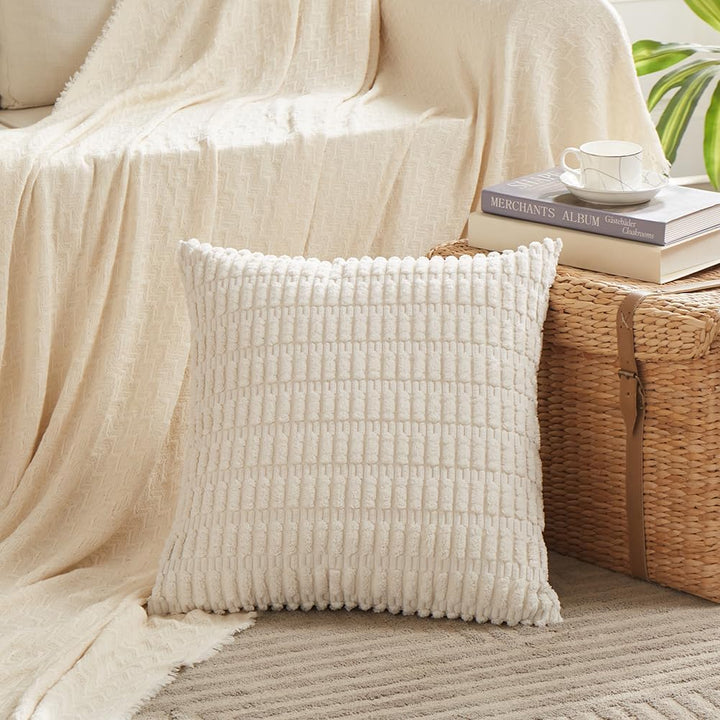 4er Set Boho Kissenbezug 60x60 Creme Einfarbig Flauschig Kissenbezüge Weich Kordsamt Beige Kissenhül