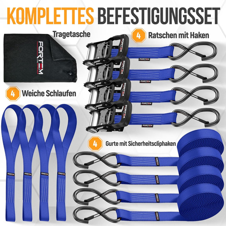 FORTEM Ratschen-Zurrgurte 2362kg Bruchlast, 4X 3,04m Heavy Duty Spanngurte, Softschlaufen, gummierte