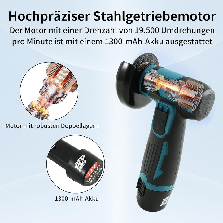 Mini Winkelschleifer 12V, 76mm Mini-Flex mit Akku, 19500 U/min Akku Winkelschleifer, mit 2 x 1300mAh
