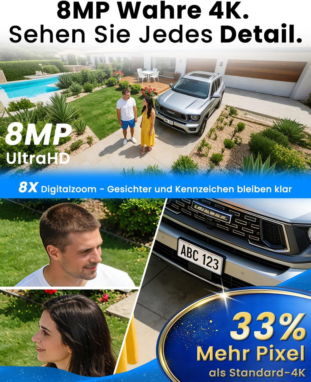 UCOCARE Überwachungskamera Aussen Solar, 4K Kamera Überwachungskamera Aussen, 2-Kamera-Set & Base St
