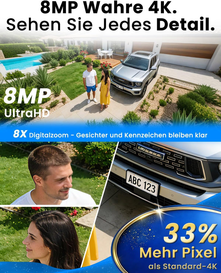 UCOCARE Überwachungskamera Aussen Solar, 4K Kamera Überwachungskamera Aussen, 2-Kamera-Set & Base St