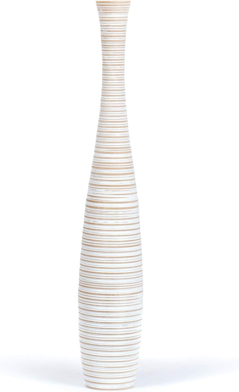 Leewadee Grosse Bodenvase für Dekozweige hohe Standvase Design Holzvase, Holz, 70 cm, White Wash 70
