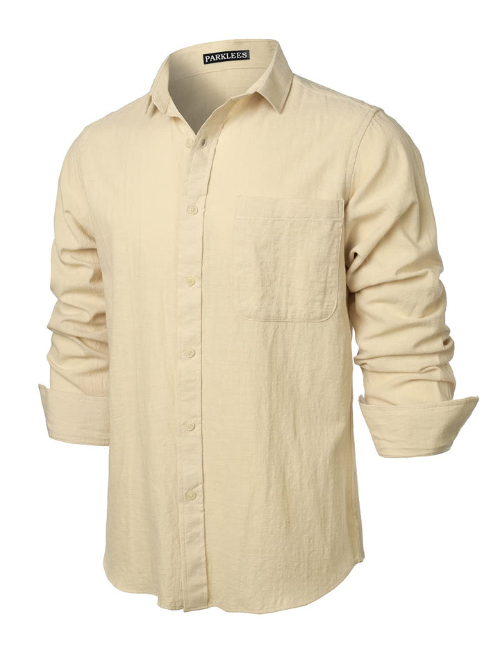 PARKLEES Herren Regular Fit Baumwolle wie Leinen Hemd Casual Langarm Button Down Shirts mit Tasche S