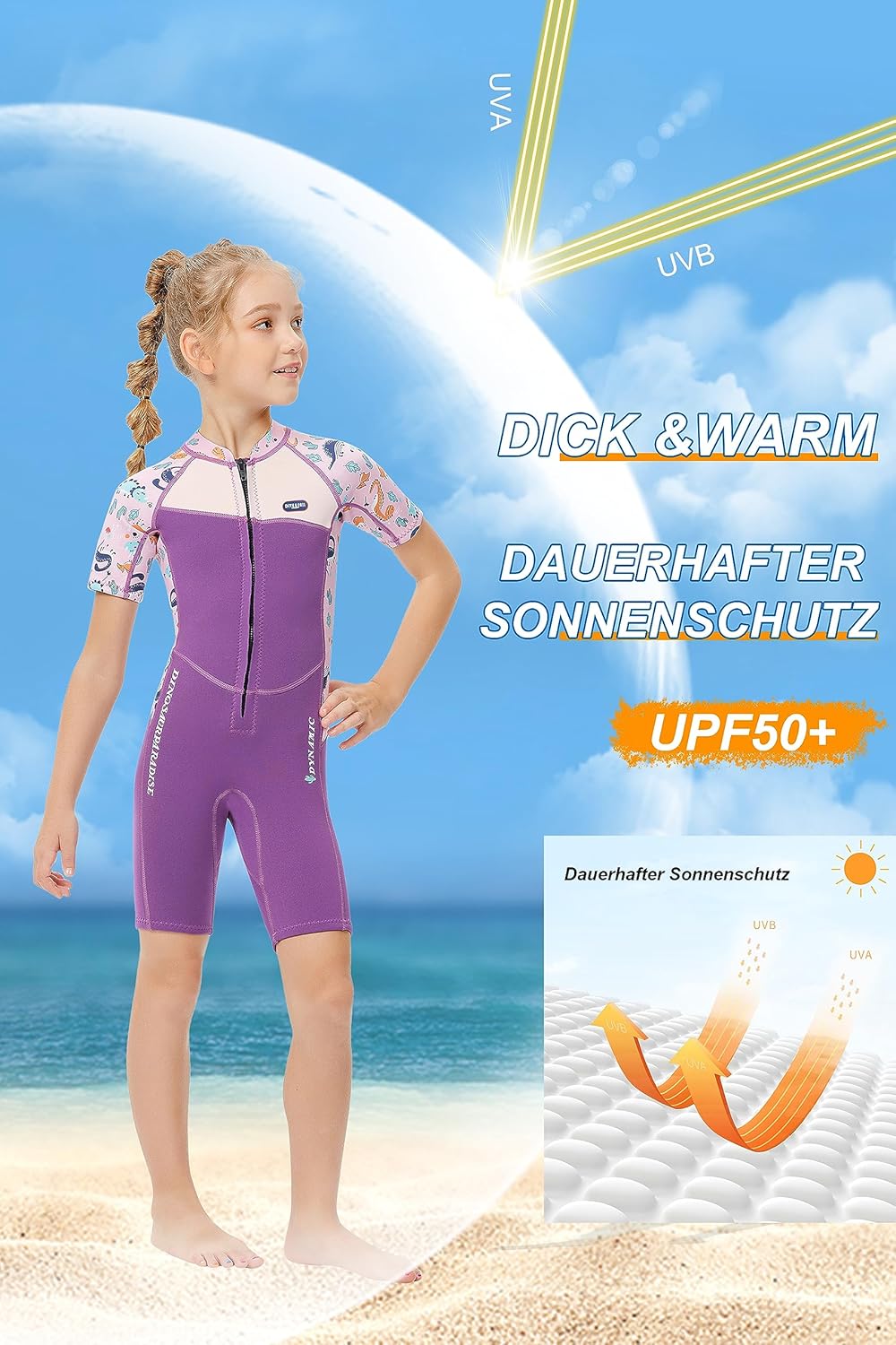 Mädchen 2.5mm Neoprenanzug Kinder Einteiler Tauchanzug Tropisch Violet Kurzarm Shorty Badeanzug Schn