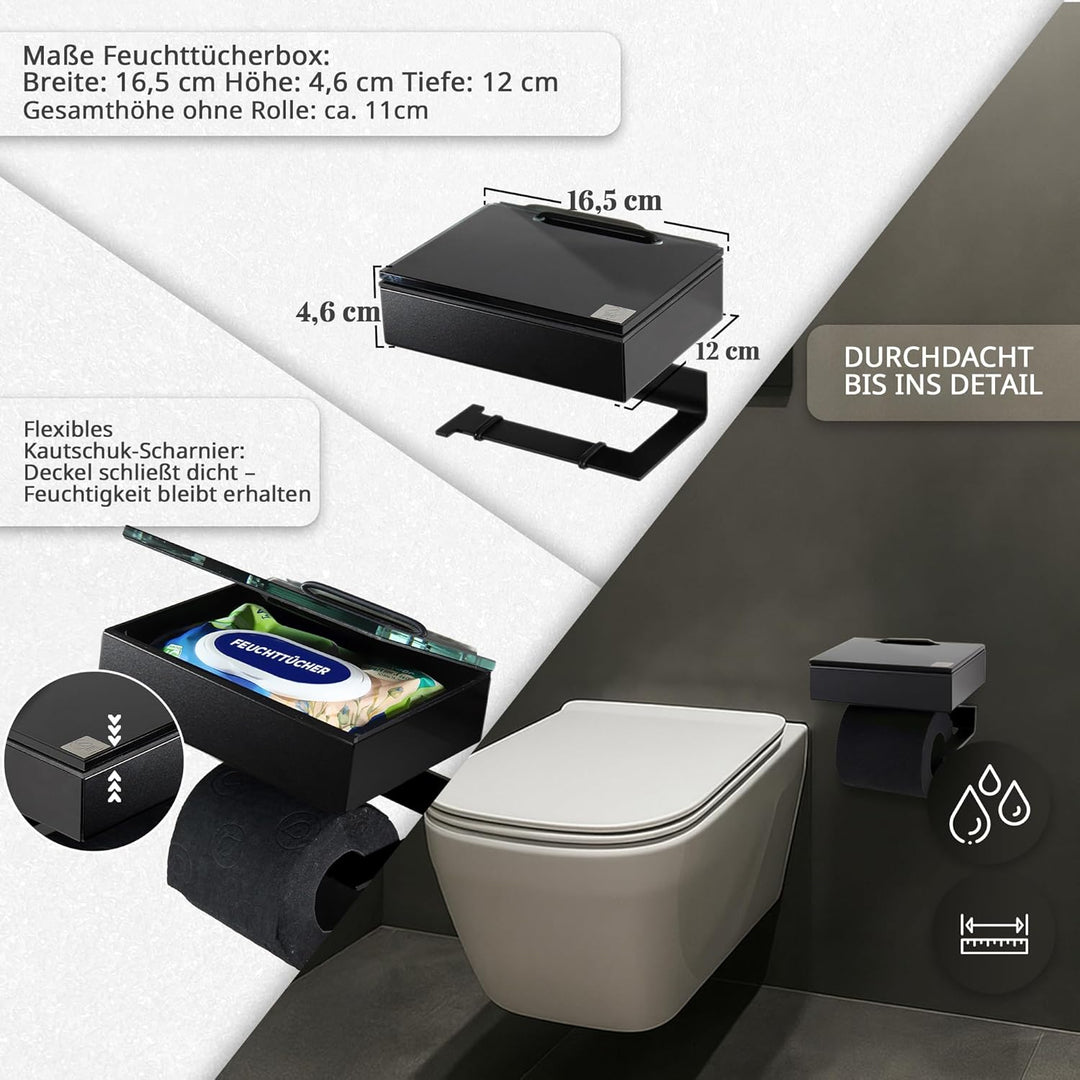 Toilettenpapierhalter mit Feuchttücherbox - Gehäuse Schwarz & Abdeckung Glas Schwarz - befüllbar von