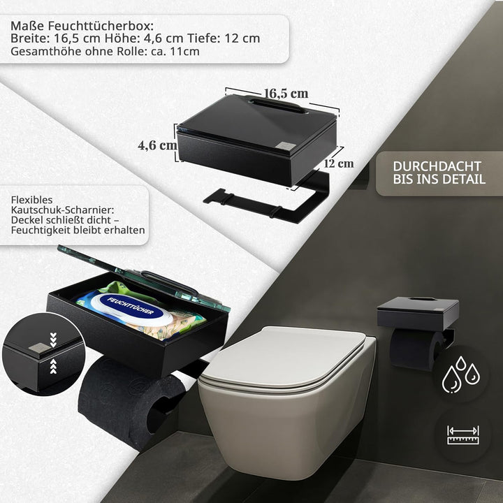 Toilettenpapierhalter mit Feuchttücherbox - Gehäuse Schwarz & Abdeckung Glas Schwarz - befüllbar von