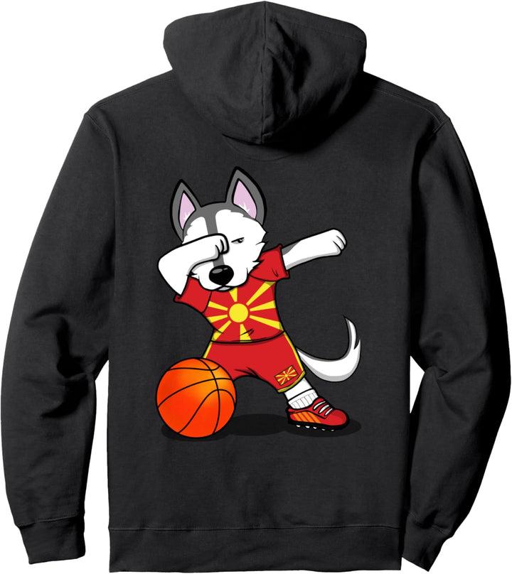 Dabbing Husky Hund Mazedonien Basketball Mannschaft Flagge Pullover Hoodie