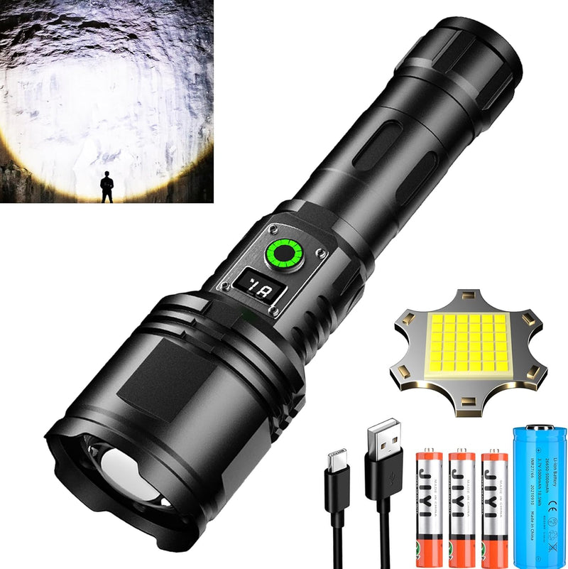 ASORT LED Taschenlampe Extrem Hell 40000 Lumen, Type-C Aufladbar, IPX67 Wasserdicht, Der LCD-Bildsch