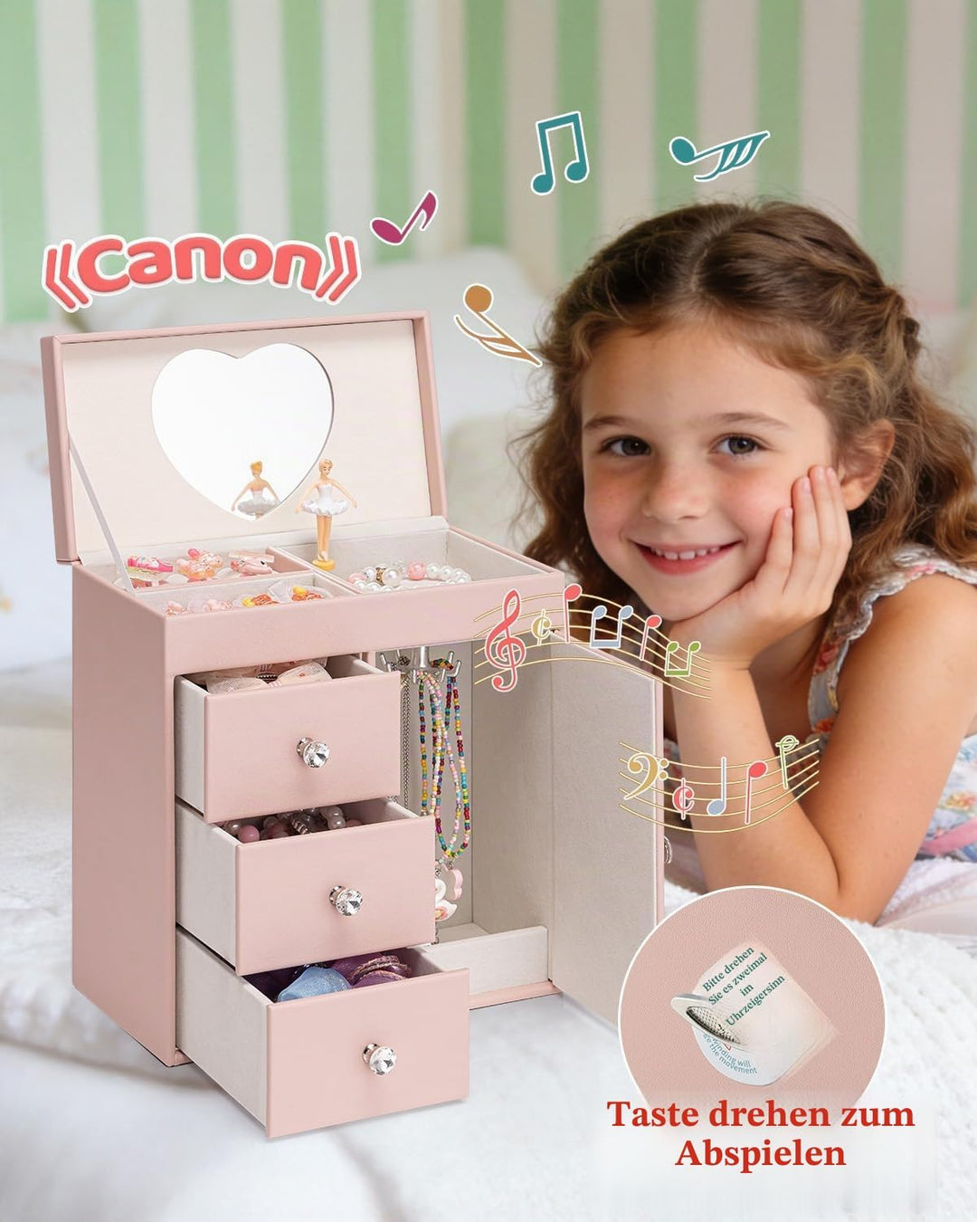 VLANDO Musical Schmuckkästchen Mädchen, grosses Kind Musik-Box mit Ballerina für Geburtstag Schlafzi