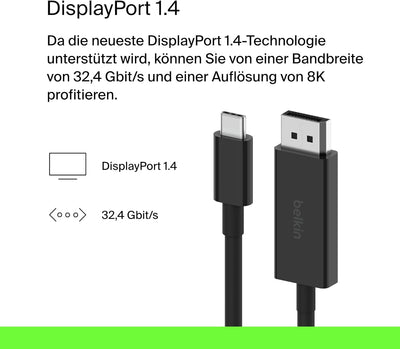 Belkin USB-C/DisplayPort 1.4-Kabel, 2 m, 32,4 Gbit/s, 8K bei 60 Hz oder 4K bei 144 Hz, mit HBR3, DSC