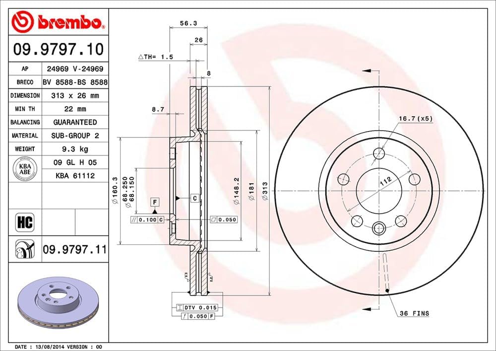 Brembo 09.9797.11 Vordere Bremsscheibe mit UV Lackierung, Anzahl 1