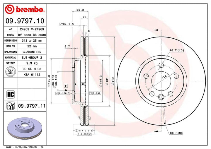 Brembo 09.9797.11 Vordere Bremsscheibe mit UV Lackierung, Anzahl 1
