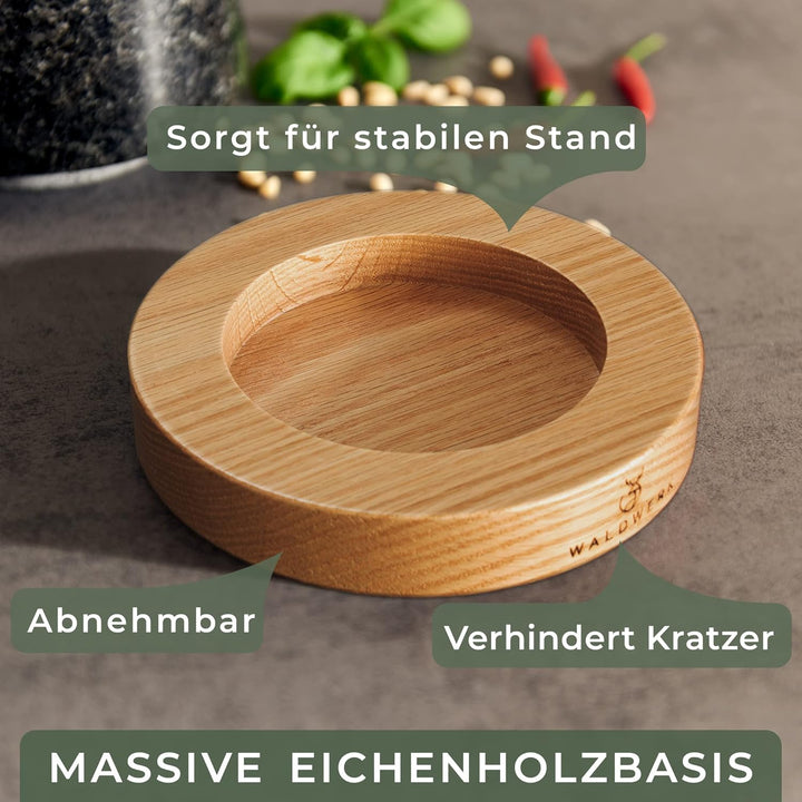WALDWERK Mörser mit Stössel - Mörser auf edler und stabiler Eichenholzbasis - Mörser mit extra lange