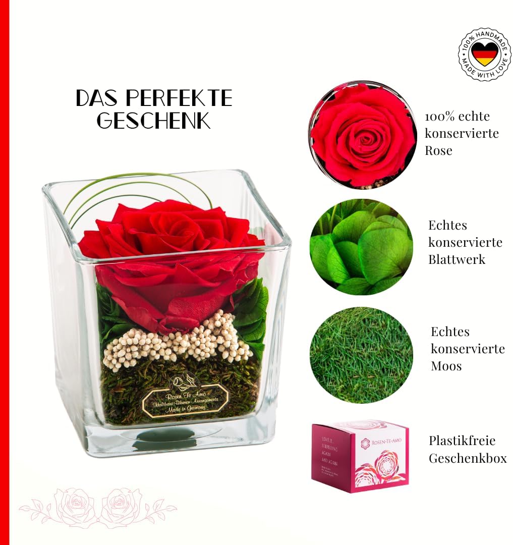 Rosen-Te-Amo | Premium konservierte ewige rote Rose | duftend | handgefertigt mit echten Deko-Foliag
