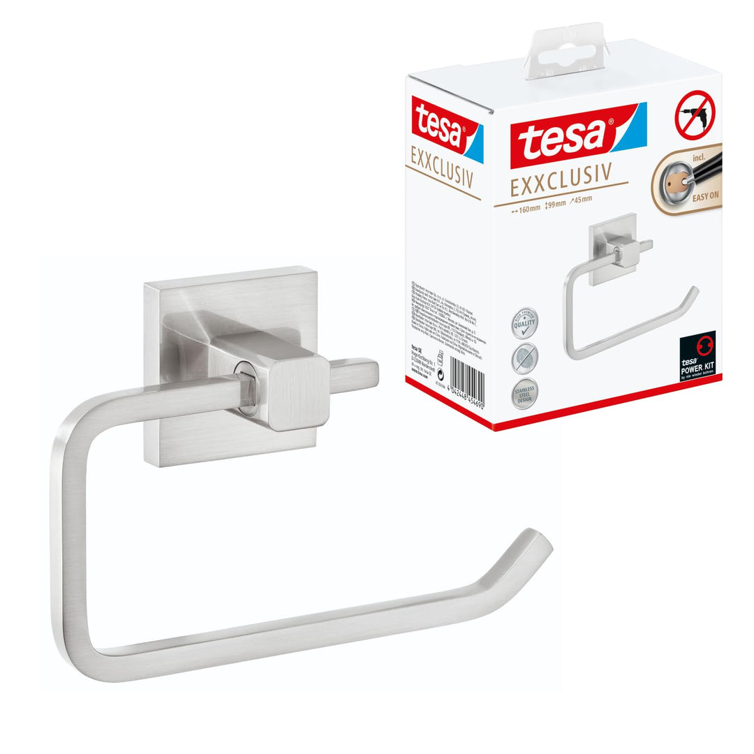tesa EXXCLUSIV Toilettenpapierhalter ohne Deckel, verchromt - zur Wandbefestigung ohne Bohren, inkl.