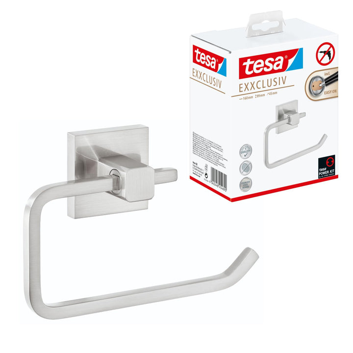 tesa EXXCLUSIV Toilettenpapierhalter ohne Deckel, verchromt - zur Wandbefestigung ohne Bohren, inkl.
