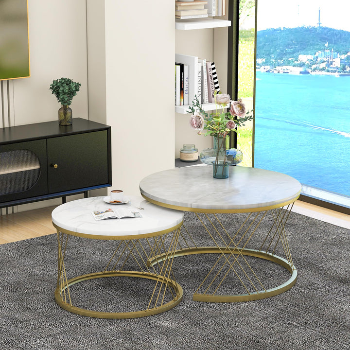 Merax Rund Couchtisch Set, 2-in-1 Nesting Couchtisch Satztisch Modern Wohnzimmertisch, Marmor Furnie