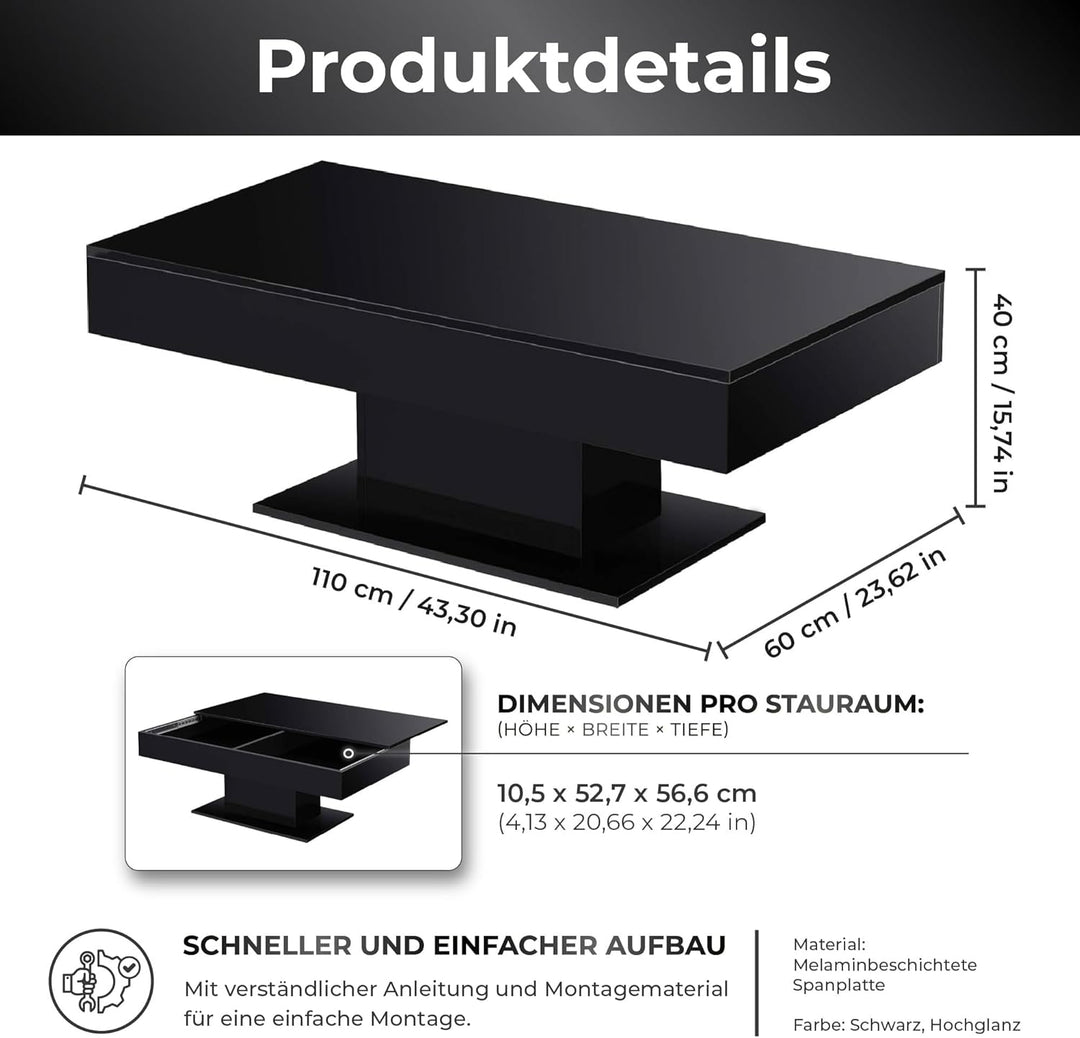 [en.casa] Couchtisch Lünen Wohnzimmertisch mit Stauraum Truhentisch Sofatisch mit ausziehbarer Tisch