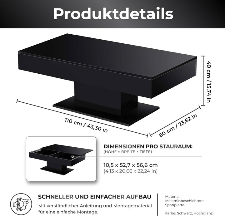 [en.casa] Couchtisch Lünen Wohnzimmertisch mit Stauraum Truhentisch Sofatisch mit ausziehbarer Tisch