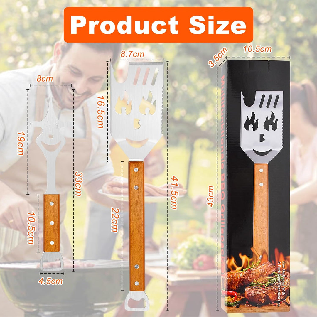 Cyiecw 2 Stück Grillbesteck Set, 7 in 1 Grillspachtel Edelstahl mit Holzgriff, Multifunktionales Gri