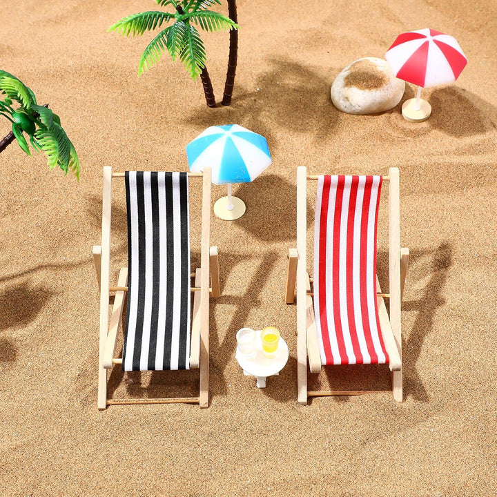 Generisch Strand-Mikrolandschaft Miniatur-Set Mit Mini LiegestüHlen Palmen Sonnenschirmen Und Rundem