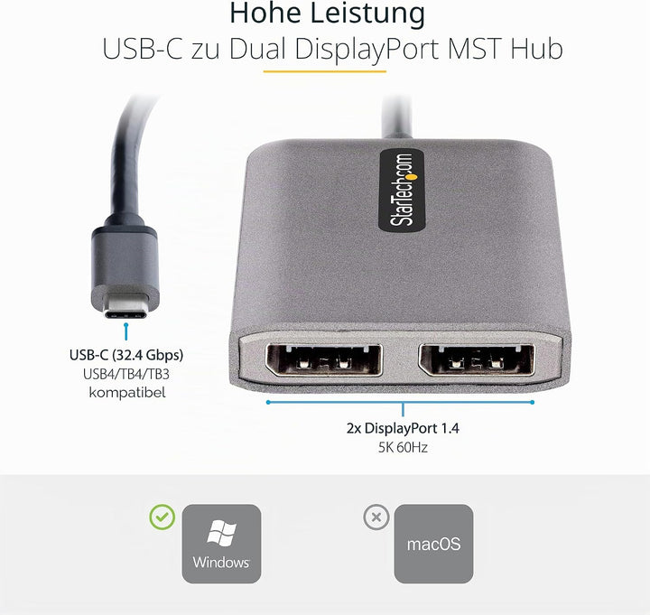 StarTech.com USB-C auf Dual DisplayPort 1.4 Adapter, USB-C Multi-Monitor MST Hub, Dual 5K 60Hz DP La