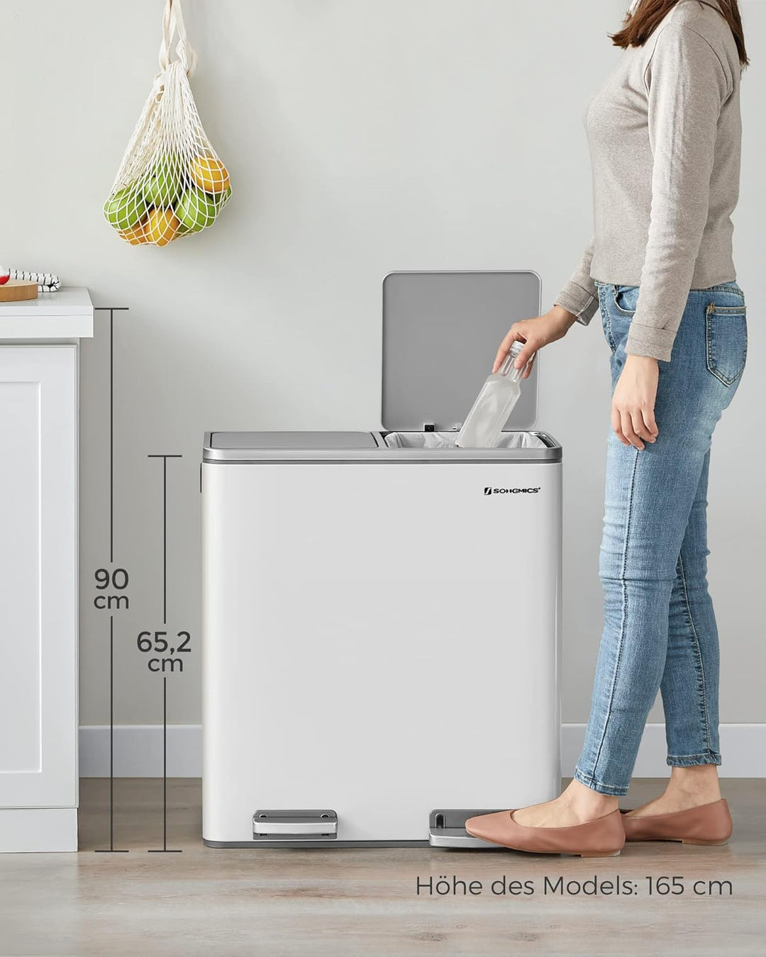 SONGMICS Mülleimer, 2 x 30 Liter, 2 Fächer, Mülltrennsystem, Treteimer, Abfalleimer Küche, 15 Müllsä